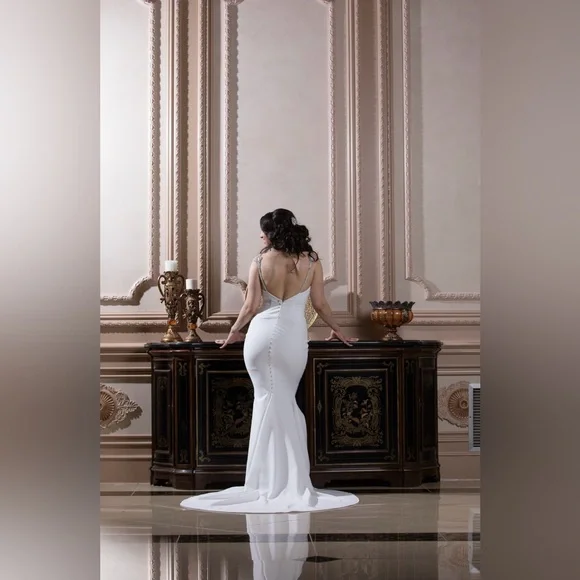 White Spaghetti Strap Sleeveless Wedding Gown